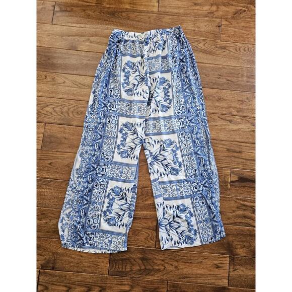Jaase Pants - JAASE Wide Leg Pants Women’s Size L Long Side Slits Blue Floral Boho NWT Travel